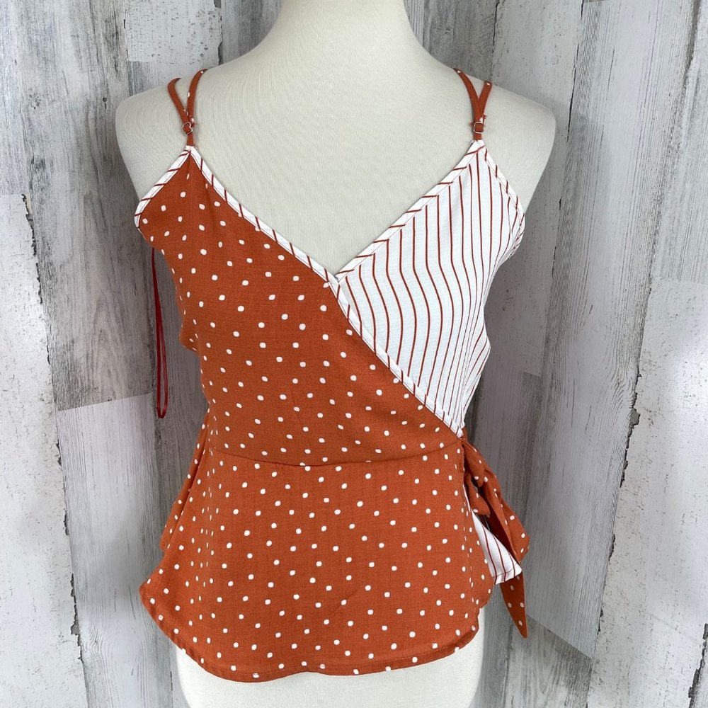 Paper Crane Women's Orange Stripe Polka Dot Sleeveless Faux Wrap Blouse Top Sz M
